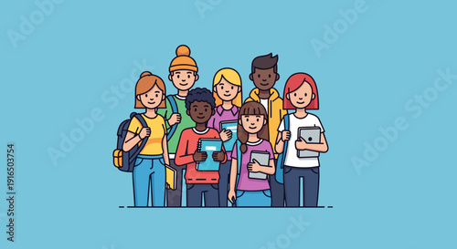 Diverse Group of Cartoon Students Standing.