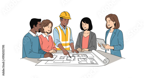 Diverse Team Discussing Architectural Blueprint.