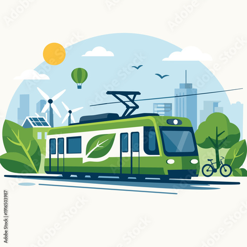 Sustainable tram system illustration with green energy focus