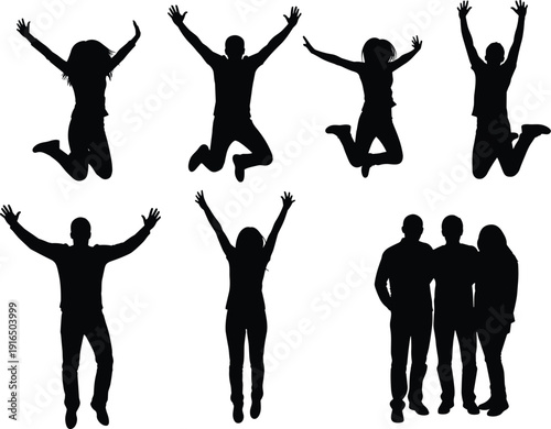 Black silhouettes of people jumping and standing with arms raised