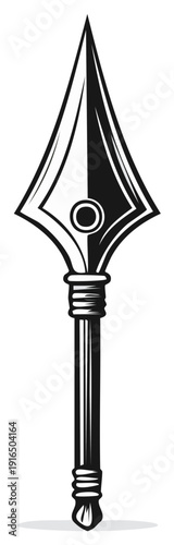 Stylized Vector Illustration of an Ancient Spearhead and Shaft in Black and White