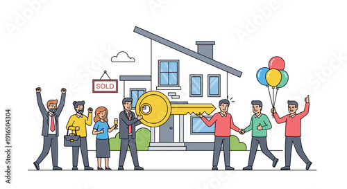 Group of People Holding Key and Balloons.