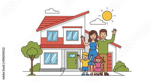 Happy Cartoon Family Standing Near House 1.