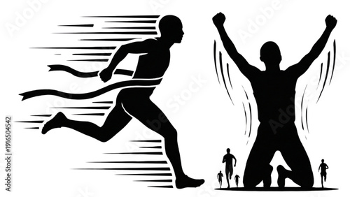 Dynamic Silhouettes Illustrating the Concept of Success Crossing Finish Line and Celebrating Victory