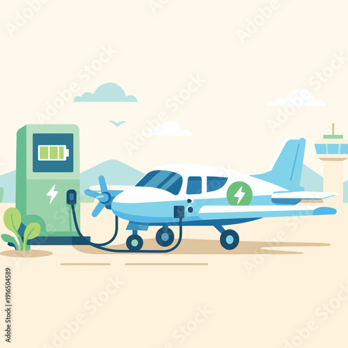 Electric Airplane Charging at Airport Illustration