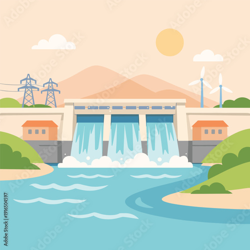 Scenic Hydropower Plant with River and Wind Turbines