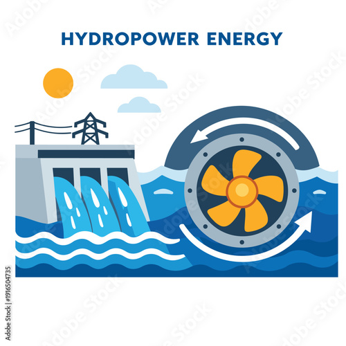 Hydropower Energy with Turbine and Dam Illustration