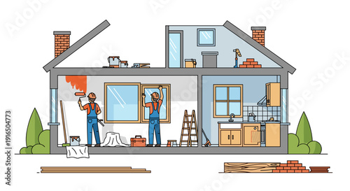 House Renovation with Workers Inside.