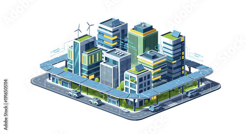 Isometric Cityscape with Modern Buildings and Technology.