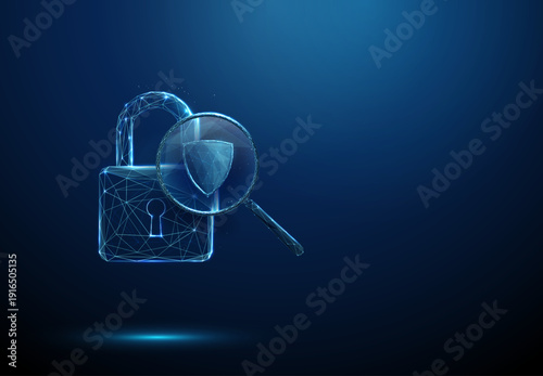 3d padlock under magnifying glass with shield. Security verification, trusted network, threat prevention, secure digital environment, protection confirmation concept.