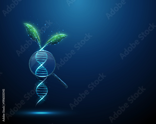 Green plant leaves growing from a blue 3D DNA helix under a magnifying glass. Plant genetics, crop improvement, molecular biology concept.