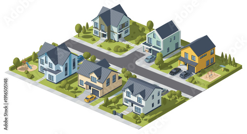 Isometric View of Residential Neighborhood Houses.