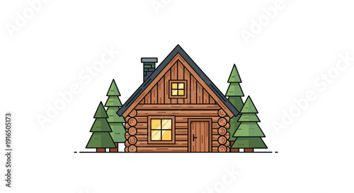 Log Cabin House with Trees Illustration.
