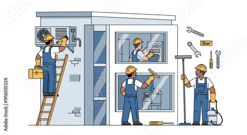 Maintenance Workers Performing Repairs on Building.