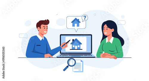 Man and Woman Discussing House on Laptop.