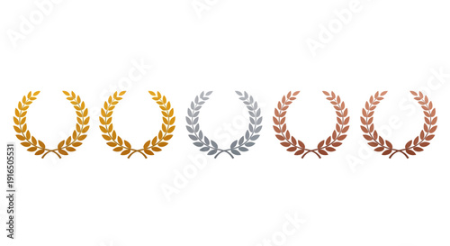 A set of five laurel wreath icons representing gold, silver, bronze, and two other metallic finishes, symbolizing achievement and recognition