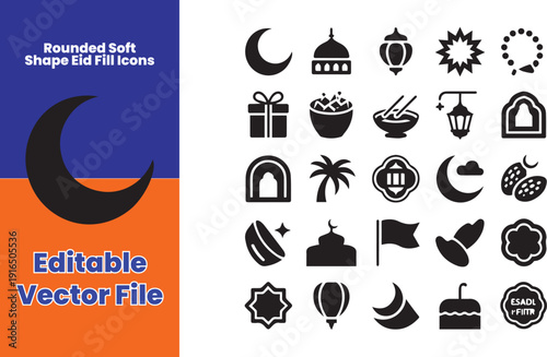 Rounded Eid Al-Fitr Fill Icons – Simple Black Islamic Symbol Set