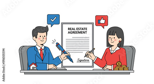 Man and Woman Signing Real Estate Agreement.