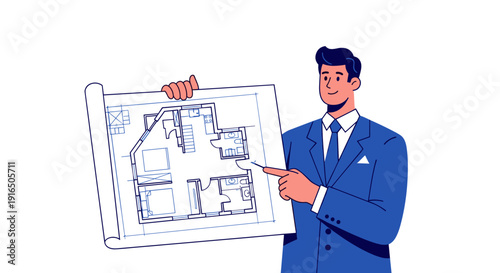 Man in Suit Holding Architectural Blueprint.
