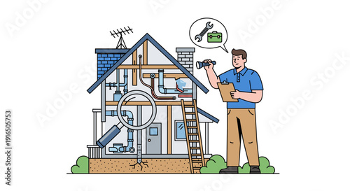 Man Inspecting House with Thought Bubble.