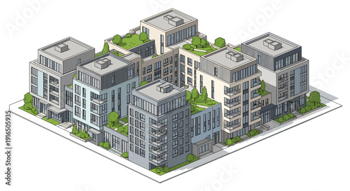 Modern Apartment Buildings with Green Roofs.