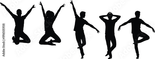Five black silhouettes of people jumping and posing on white background