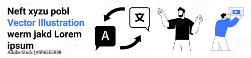 Two people and rotating arrows between text bubble icons symbolize language translation, understanding, and communication. Ideal for technology, global business, service platforms, remote