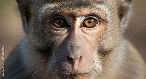 Extreme macro close-up of a monkey face with detailed fur texture and large expressive amber eyes looking at camera