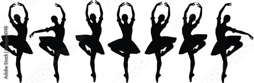 Six black silhouettes of ballet dancers in various poses white background