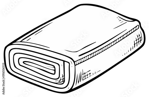 Rolled-up towel illustration, black and white line art on a white background