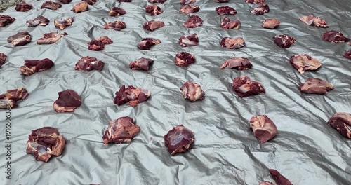 Rose petals scattered on a white fabric surface.
