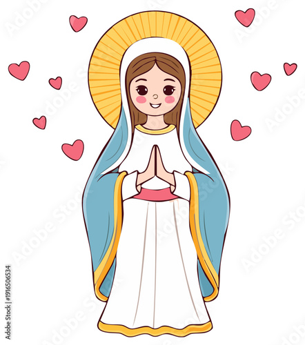 Devout Young Woman Praying Surrounded by Hearts and Halo