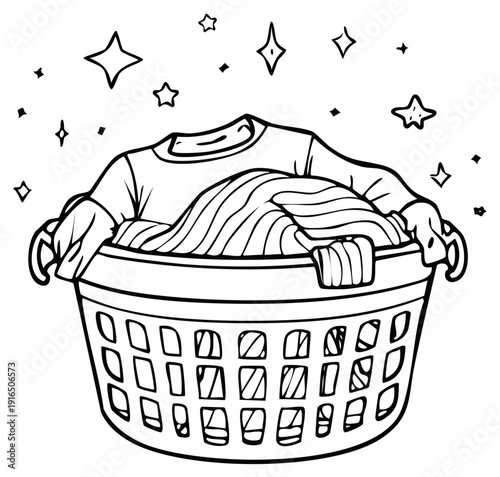 Laundry basket overflowing with clean clothes and sparkling stars, outline illustration