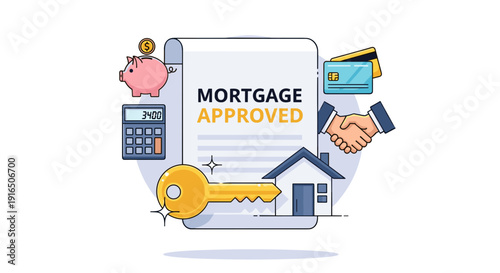 Mortgage Approval Document with Key and Handshake.