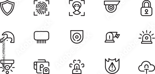 Security and protection icons fingerprint shield camera and more