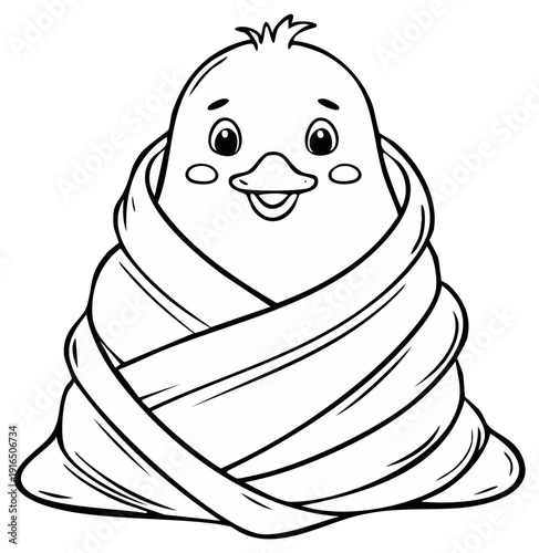 Cute cartoon chick wrapped in a blanket looking cozy and warm