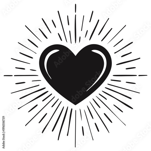Black Heart with Sunburst Rays Retro Starburst Symbol Love and Energy Graphic