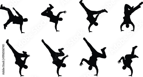 Black silhouettes of men doing breakdancing poses dance