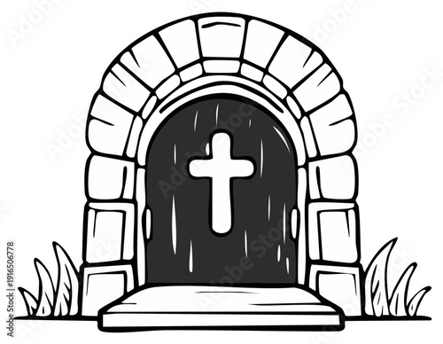 Stone Archway with Cross Motif and Grass Tuft Illustration Depicting Faith or Memorial