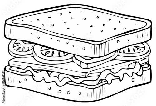 Line art illustration of a layered sandwich with tomatoes, lettuce, and filling on toast for graphic design elements.