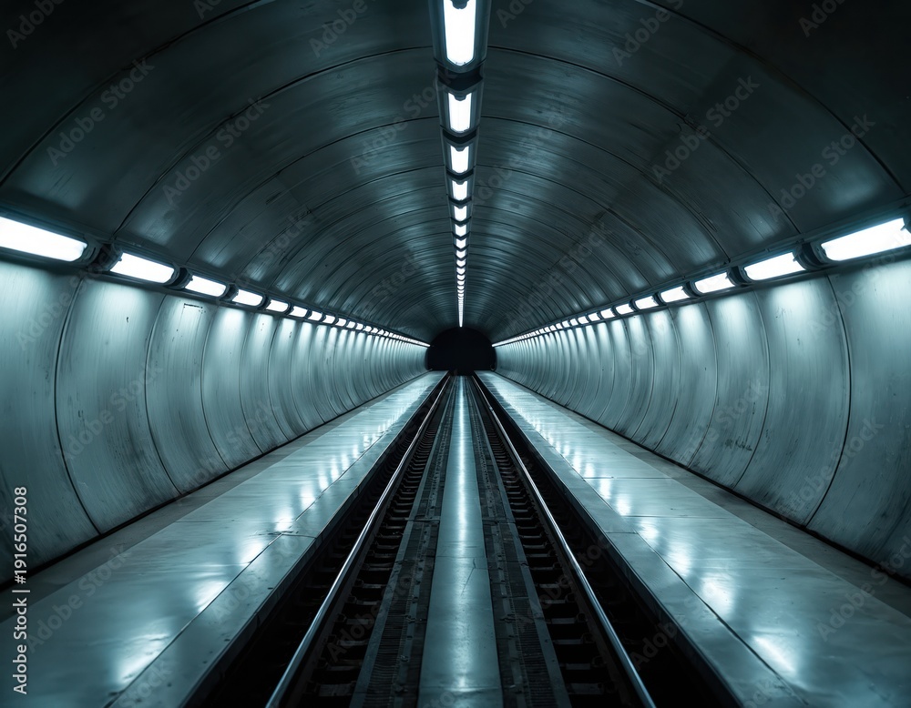 Fototapeta premium Empty subway tunnel with train tracks stretching into distance. Linear lights illuminate concrete walls, polished platform creating dramatic perspective. Modern urban transport infrastructure awaits