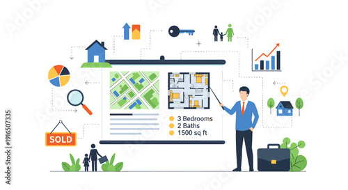 Real Estate Agent Presenting Property on Tablet.