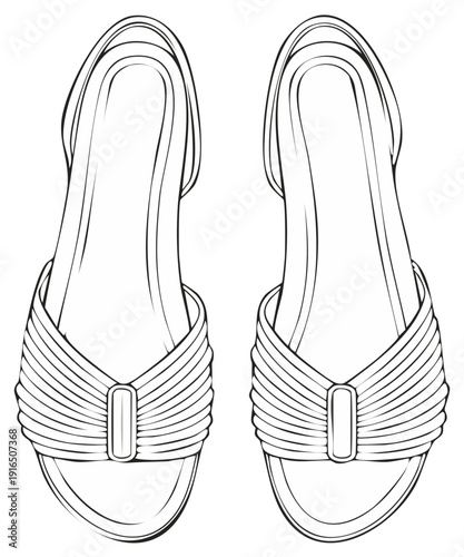 Fashionable flat sandals with elegant strap detail in black and white outline drawing