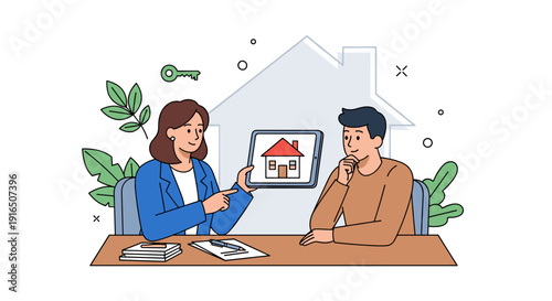 Real Estate Agent Showing House on Tablet.