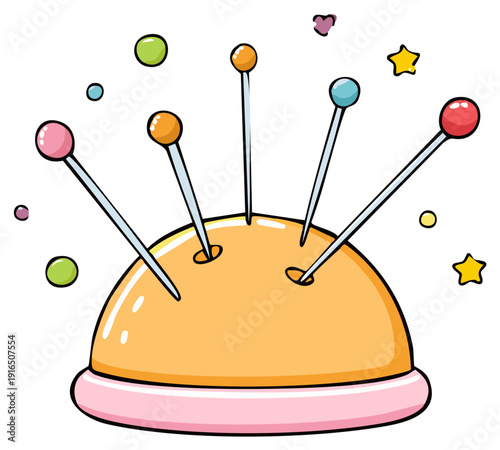 A cute cartoon illustration of a pincushion holding colorful sewing pins for crafting and haberdashery