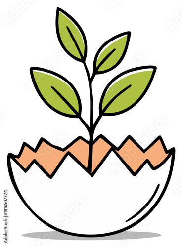 Simple cartoon illustration of a green plant sprouting from a broken eggshell