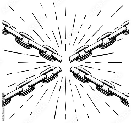 Four connected metal chains meeting in the center with radiating lines symbolizing energy and strength