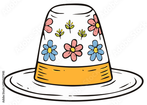 Groovy retro hippie hat with a colorful flower power print vector illustration