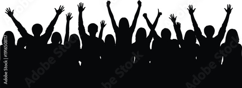 Black silhouettes of people with raised hands crowd