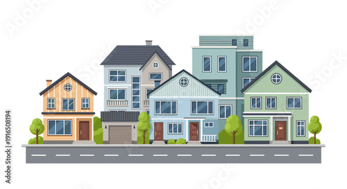 Row of Modern Houses on Street.